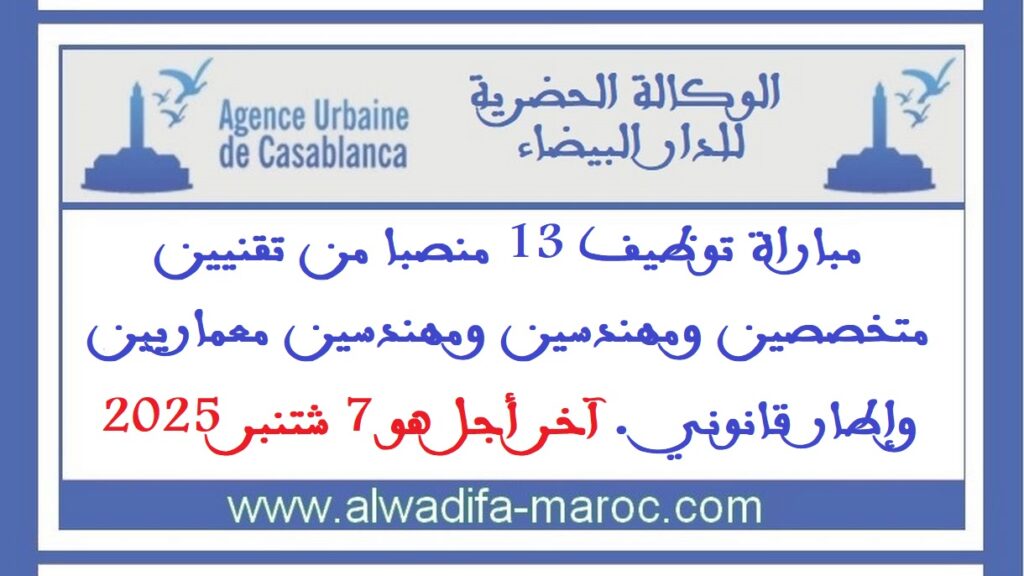 مباراة توظيف 13 منصبا من تقنيين متخصصين ومهندسين ومهندسين معماريين وإطار قانوني. آخر أجل هو 7 شتنبر 2025