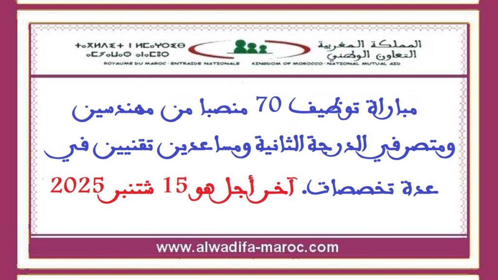 مباراة توظيف 70 منصبا من مهندسين ومتصرفي الدرجة الثانية ومساعدين تقنيين في عدة تخصصات. آخر أجل هو 15 شتنبر 2025