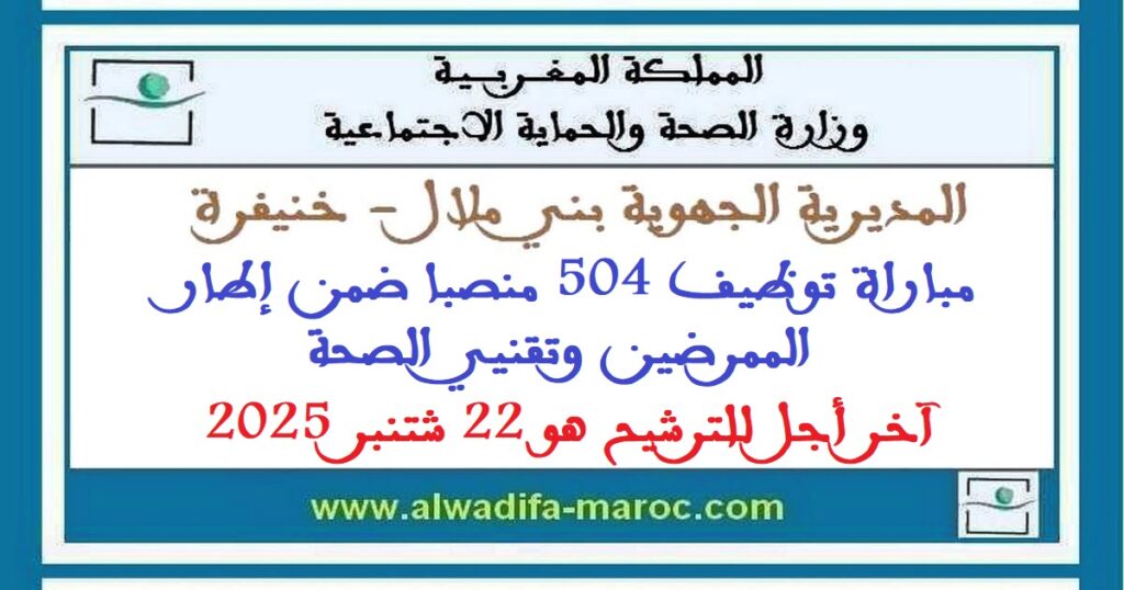 المديرية الجهوية بني ملال – خنيفرة: مباراة توظيف 504 منصبا ضمن إطار الممرضين وتقنيي الصحة. آخر أجل للترشيح هو 22 شتنبر 2025