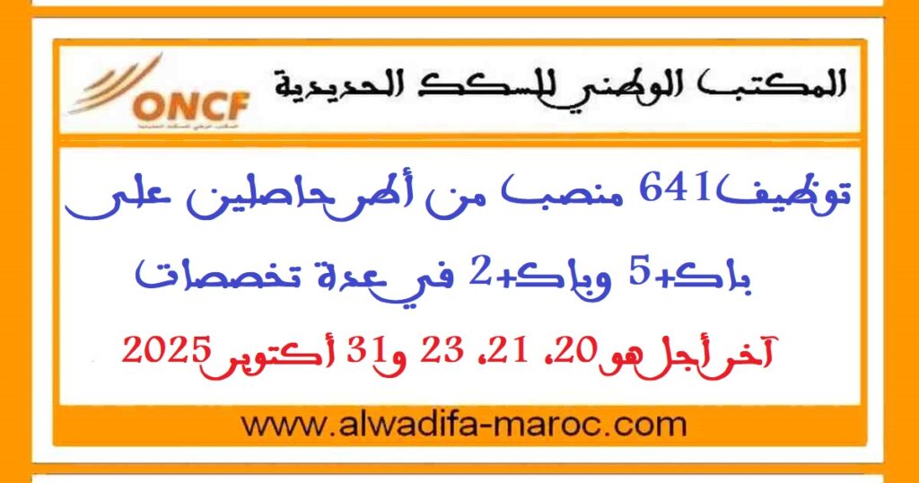 توظيف641 منصب من أطر حاصلين على باك+5 وباك+2 في عدة تخصصات. آخر أجل هو 20، 21، 23 و31 أكتوبر 2025