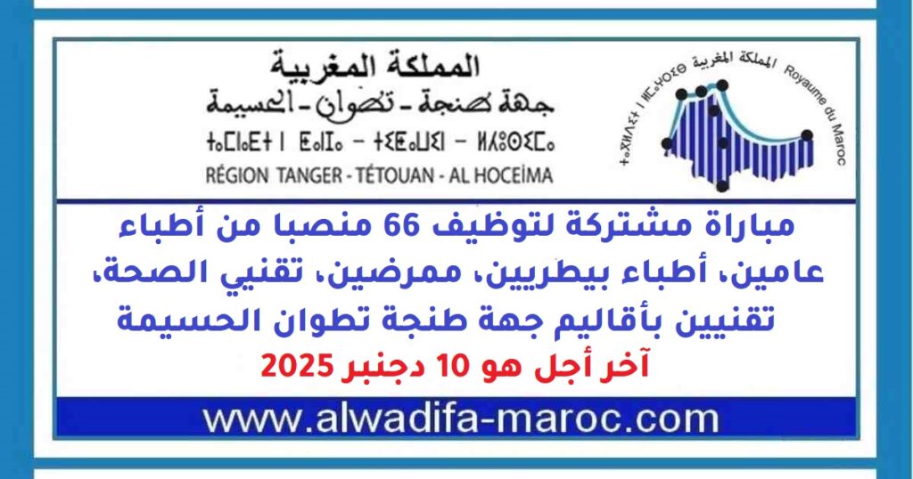 مباراة مشتركة لتوظيف 66 منصبا من أطباء عامين، أطباء بيطريين، ممرضين، تقنيي الصحة، تقنيين بأقاليم جهة طنجة تطوان الحسيمة. آخر أجل هو 10 دجنبر 2025