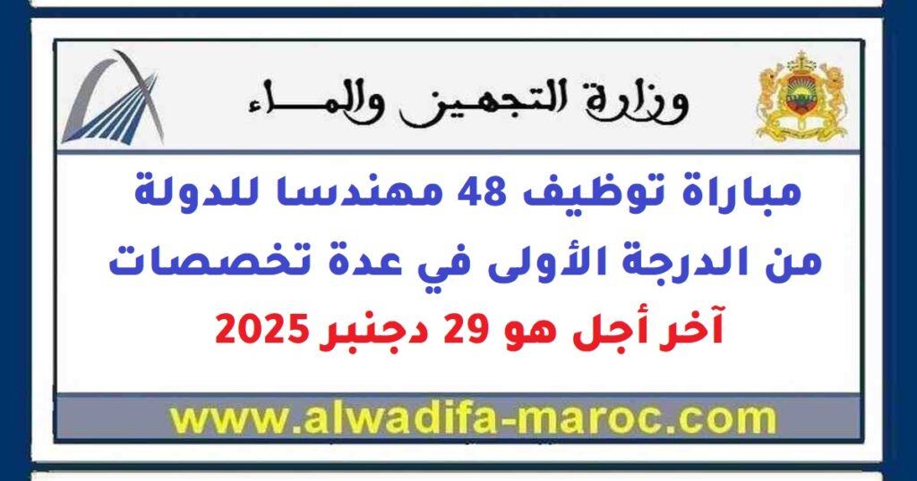 مباراة توظيف 48 مهندسا للدولة من الدرجة الأولى في عدة تخصصات. آخر اجل هو 29 دجنبر 2025