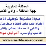مباراة مشتركة لتوظيف 28 منصبا من أطباء طب عام، أطباء بيطريين وممرضين وتقنيي الصحة ببعض بإقليمي وادي الذهب وأوسرد. آخر أجل هو 9 يناير 2026
