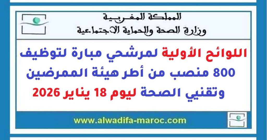 اللوائح الأولية لمرشحي مبارة لتوظيف 800 منصب من أطر هيئة الممرضين وتقنيي الصحة ليوم 18 يناير 2026