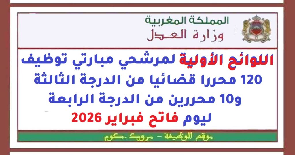 اللوائح الأولية لمرشحي مبارتي توظيف 120 محررا قضائيا من الدرجة الثالثة و10 محررين من الدرجة الرابعة ليوم فاتح فبراير 2026