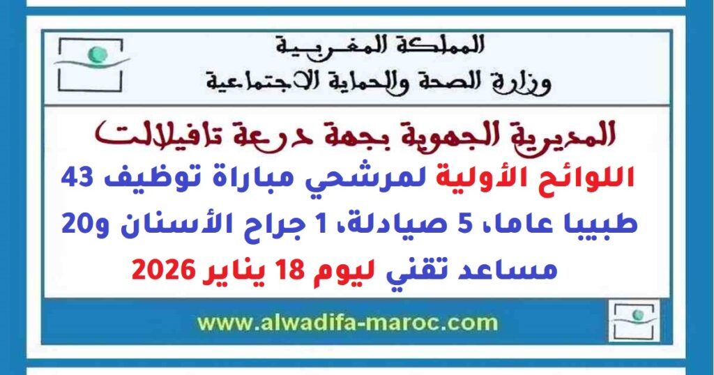 المديرية الجهوية للصحة بدرعة – تافيلالت: اللوائح الأولية لمرشحي مباراة توظيف 43 طبيبا عاما، 5 صيادلة، 1 جراح الأسنان و20 مساعد تقني ليوم 18 يناير 2026
